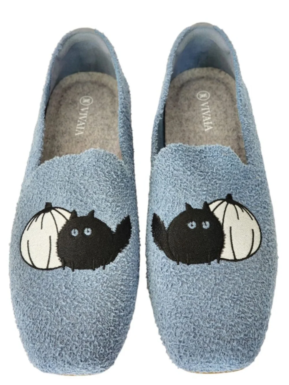 VIVAIA NEW Audrey Cat & Pumpkin Embroidery Squire Toe Blue Loafer Flats 42 11.5